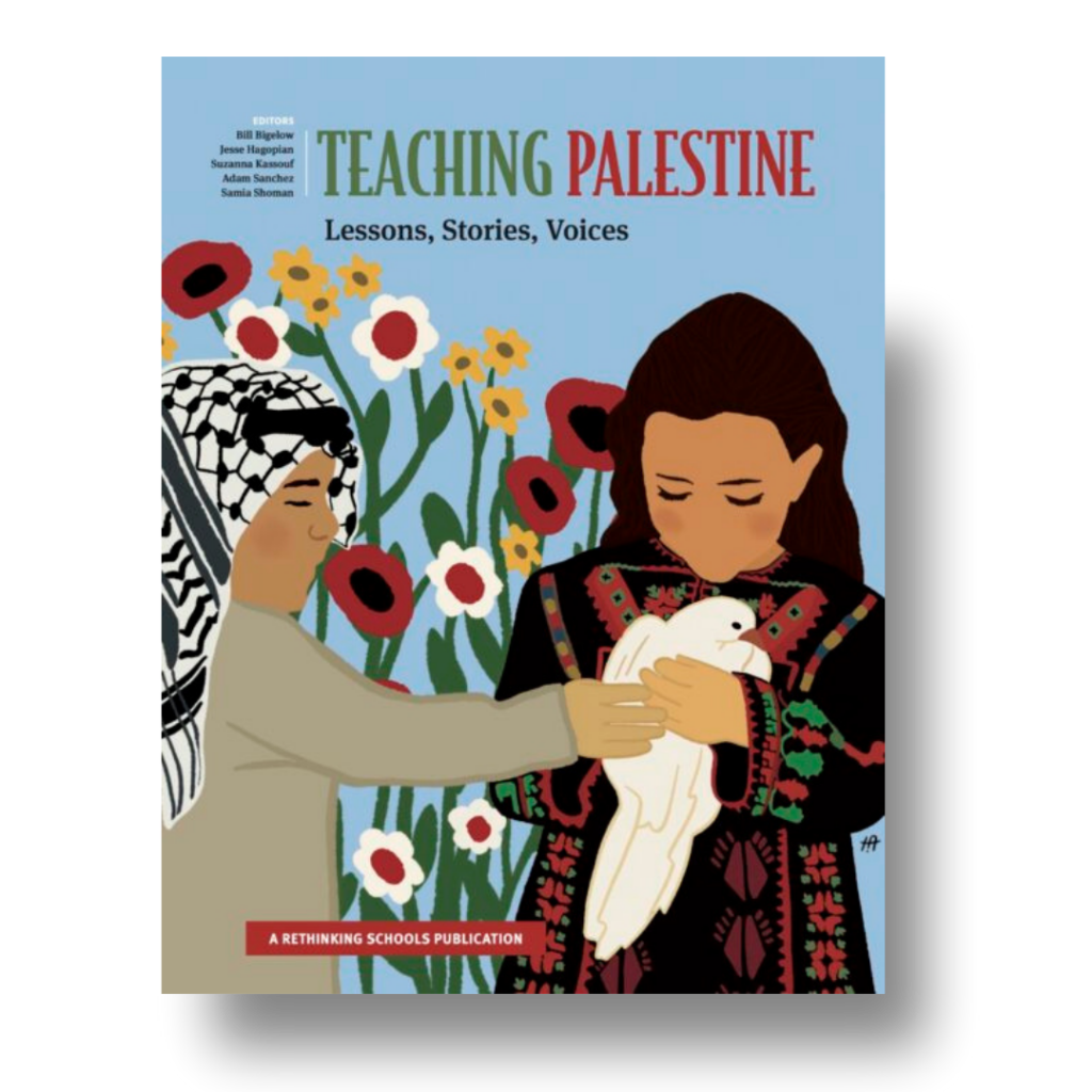 Light blue background featuring two Palestinian dressed youth among flowers; one holding a dove, another wearing a keffiyeh