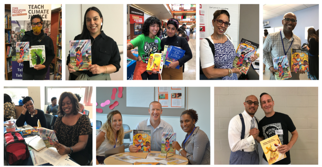 A collage of people of all ages smiling and holding up books and magazines from Rethinking Schools.