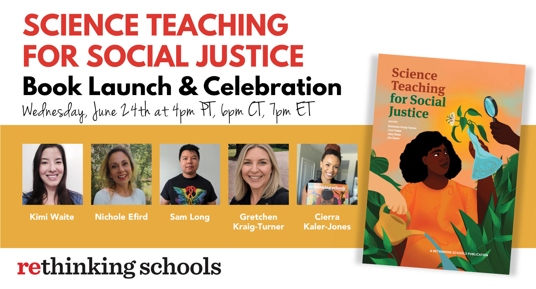 Event graphic featuring five panelists headshots and the cover art for Science Teaching for Social Justice