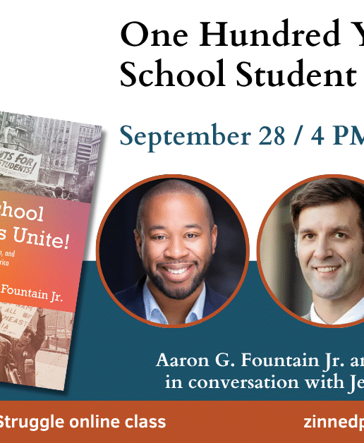 Event graphic featuring three panelists and two book covers
