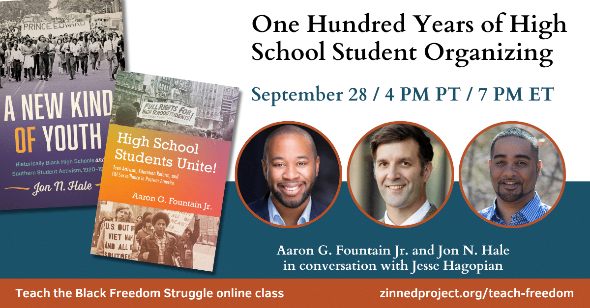 Event graphic featuring three panelists and two book covers