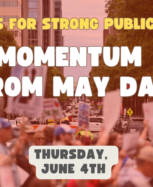 Image of a protest with red overlay and text reading Momentum from May Day