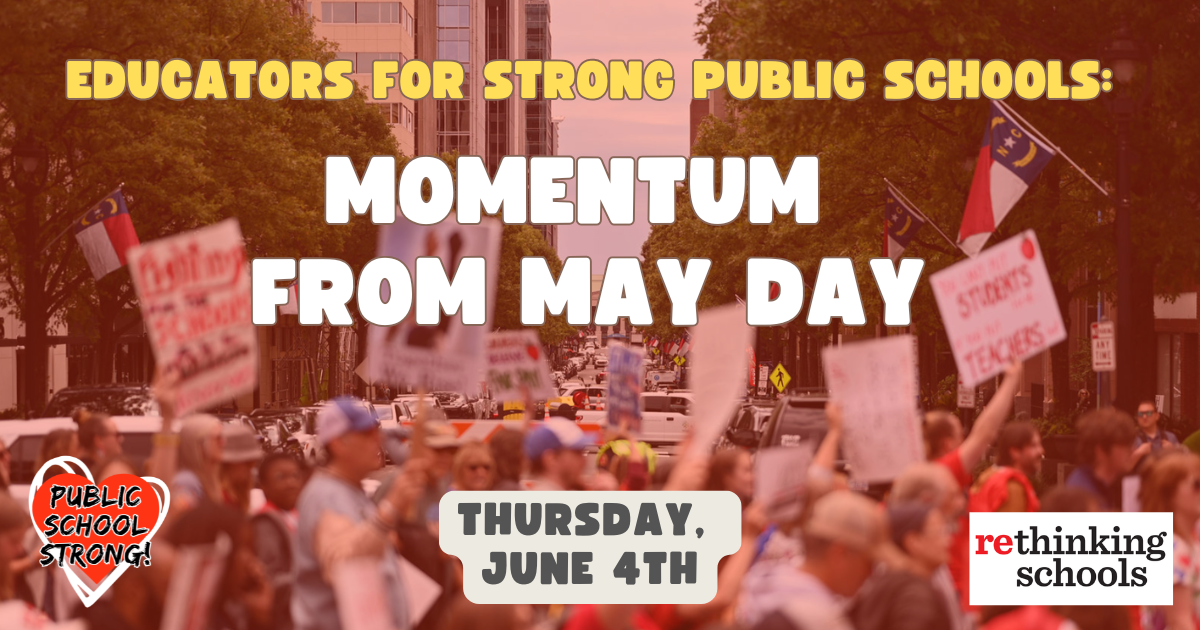 Image of a protest with red overlay and text reading Momentum from May Day